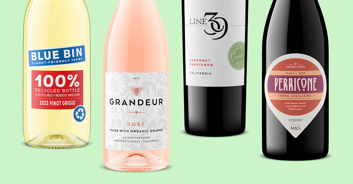 zoom closeup of wine bottles that have sustainable practices, better for the environment and appealing to a growing consumer base