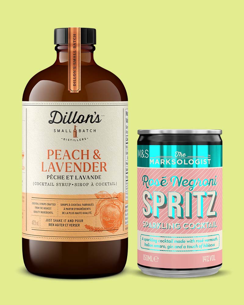 product photography of a ready-to-drink Rose Negroni spritz and Peach lavender syrup