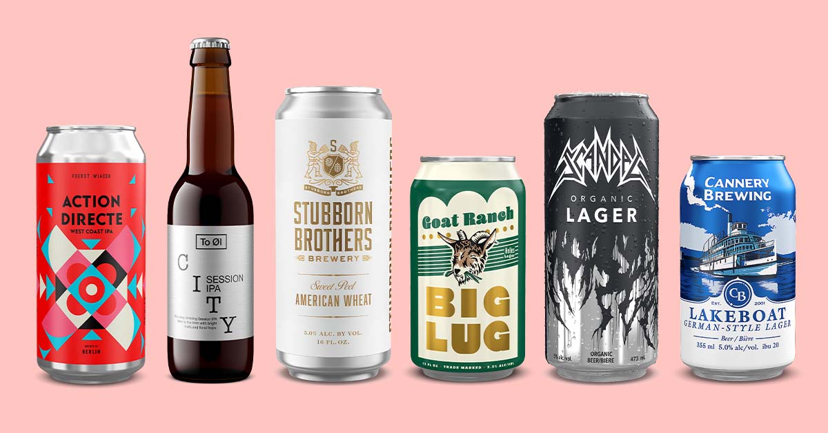 lineup of beers in diverse packaging such as glass bottles, cans of different sizes on a pink background