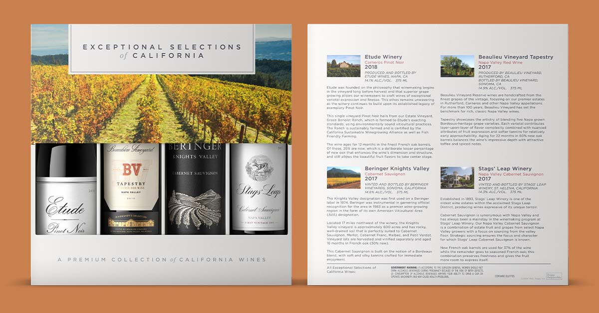 front and back views of a gift wine pack containing 3 Napa Valley bottles