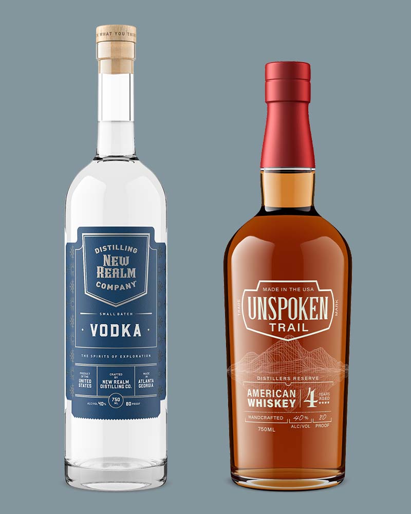 vodka bottle and American whiskey bottle by Outshinery on light grey background