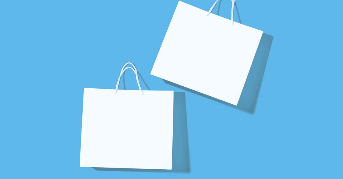 2 white paper shopping bags on light blue background