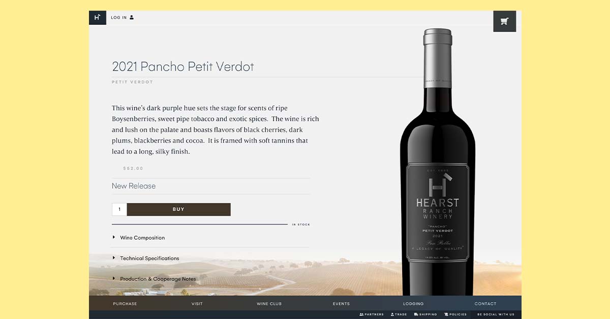 compelling ecom page of a winery website featuring a large bottle shot from Outshinery