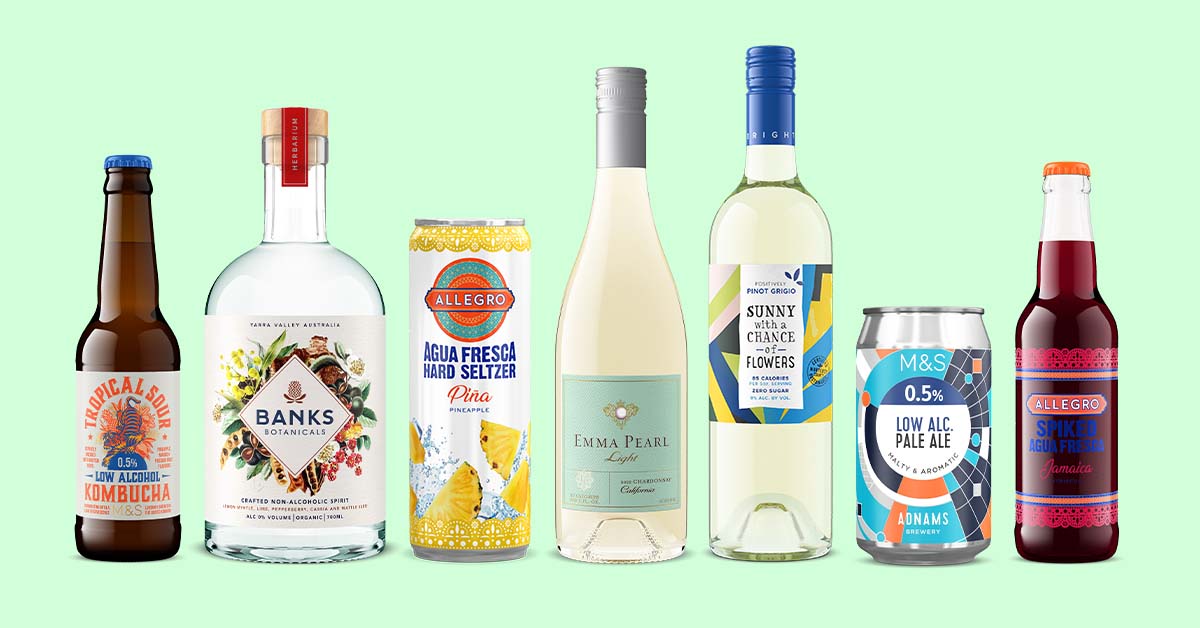 lineup of low-alc and no-alc drinks on a light green background