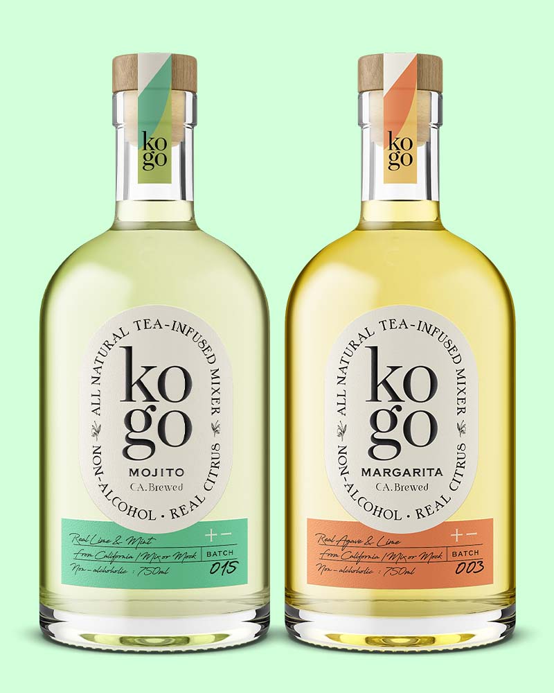 bottles of no-alcohol mocktails mojito and margarita in beautiful branding and packaging