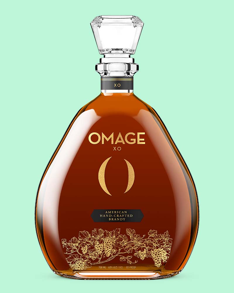 An exquisite liquor bottle, boasting a unique shape and bespoke closure, elegantly set against a light green backdrop