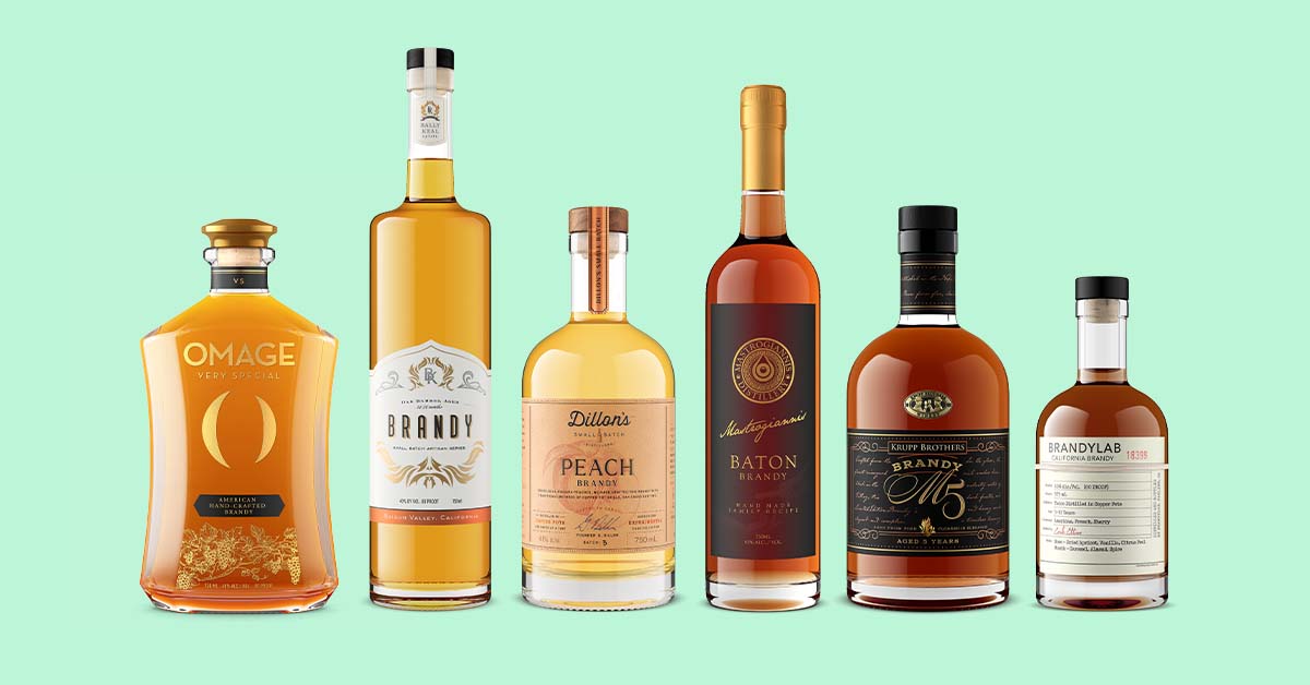 lineup of brandy bottles created in 3D software by Outshinery on a light green background