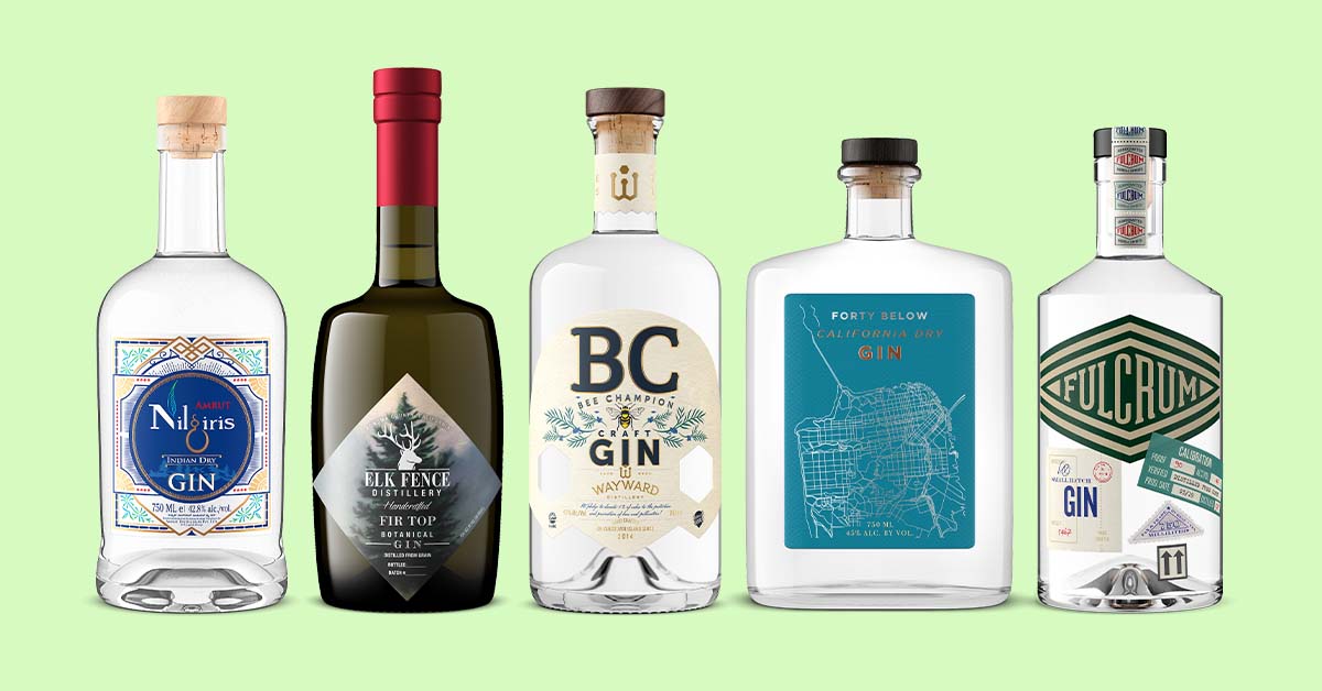 5 premium bottles of gin photo-realistically rendered by Outshinery
