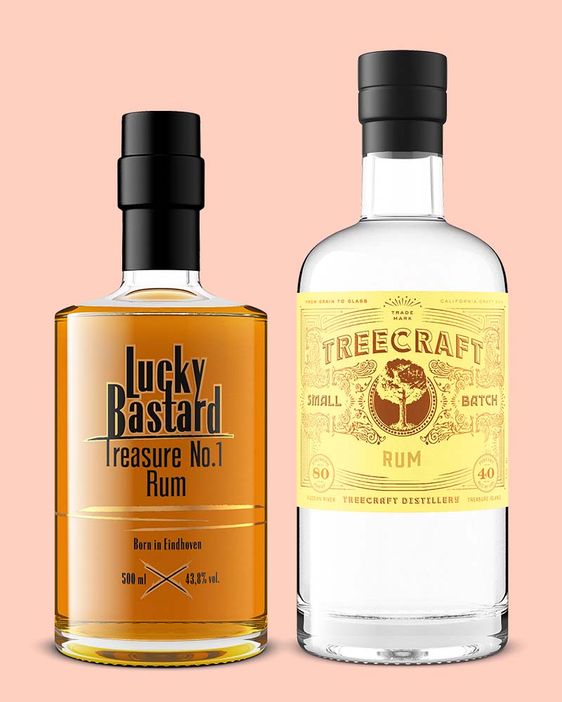 2 bottles of 750mL rum bottles on a light pink background