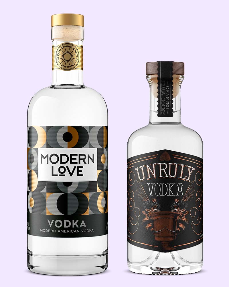 2 bottles of vodka photographed by Outshinery using 3D rendering instead of a camera