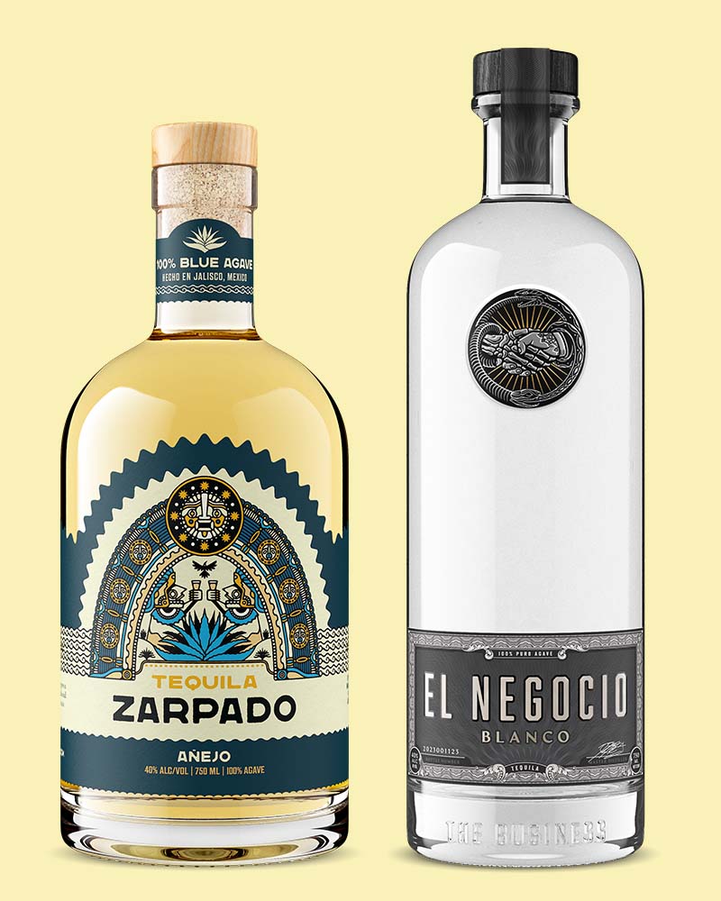 photo of 2 tequila bottles (aged and blanco) on a light yellow background