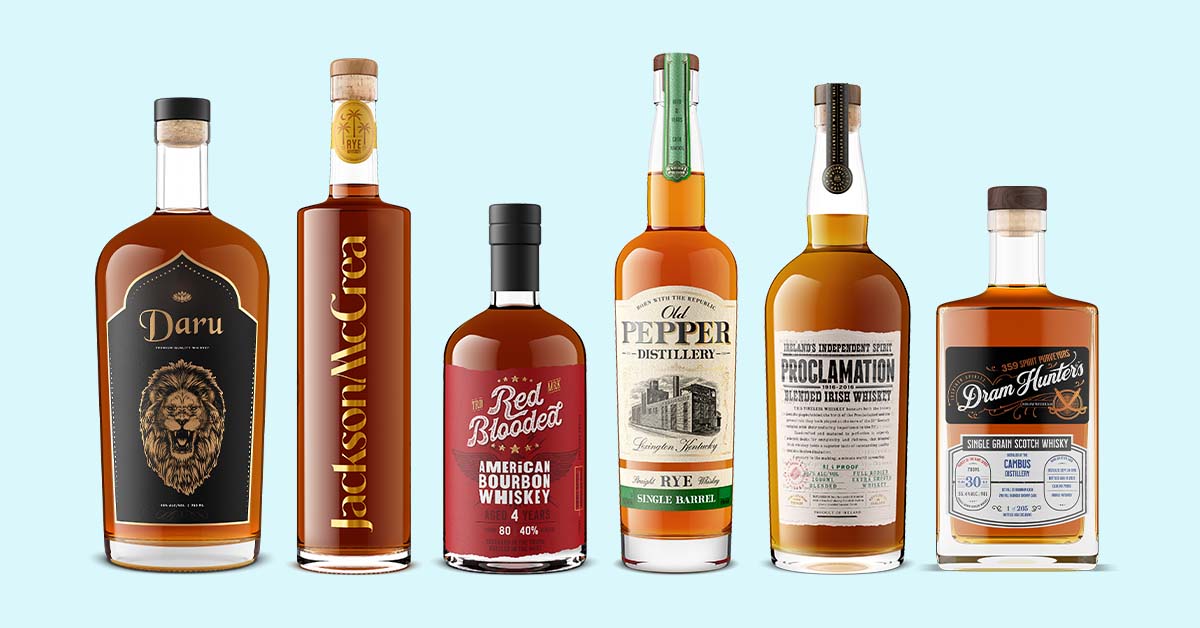 lineup of whisky bottles all rendered in 3D software by Outshinery