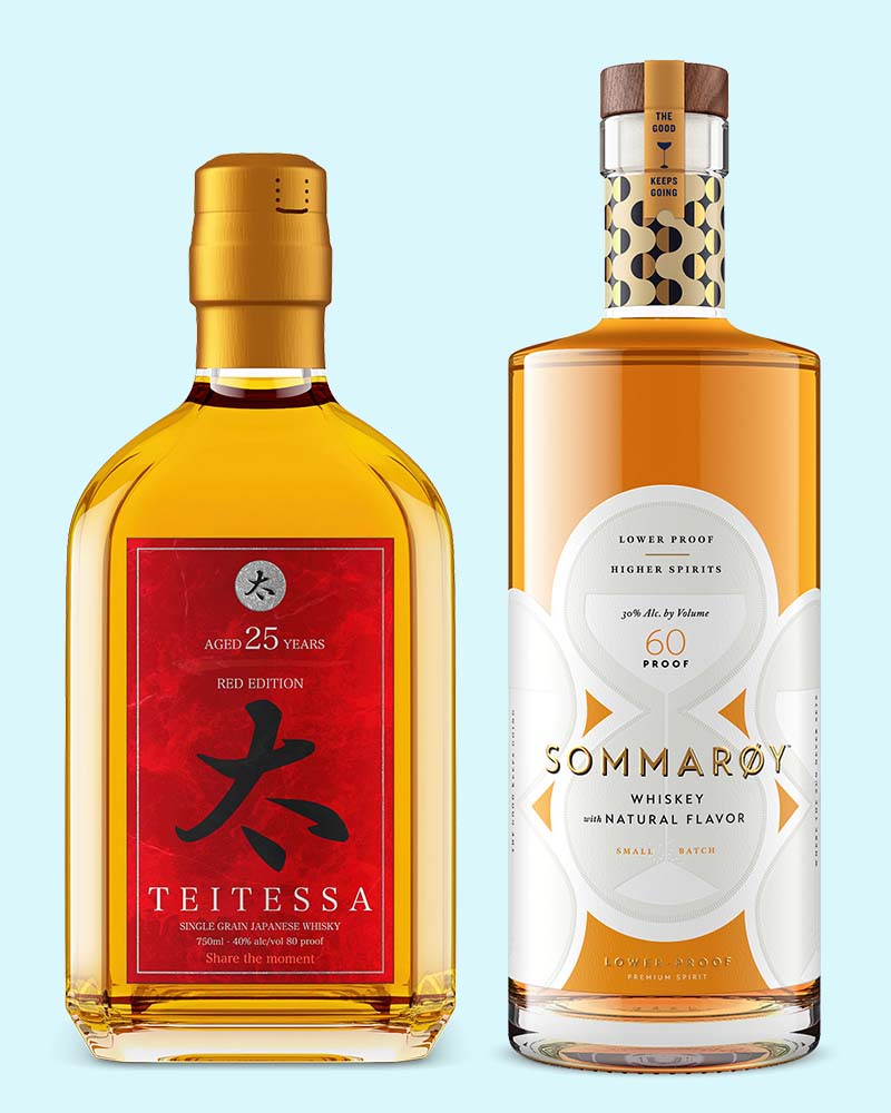 2 bottles of whiskey that were created using 3D software by Outshinery