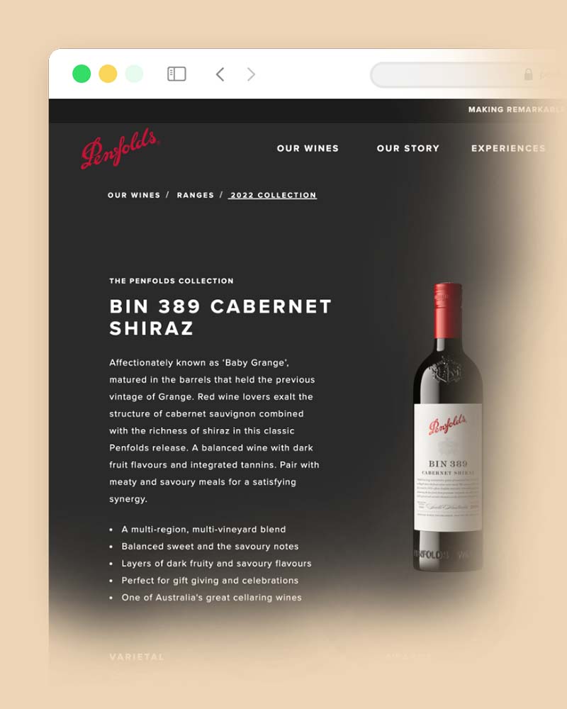 screen grab of the Penfolds website featuring Penfolds wine