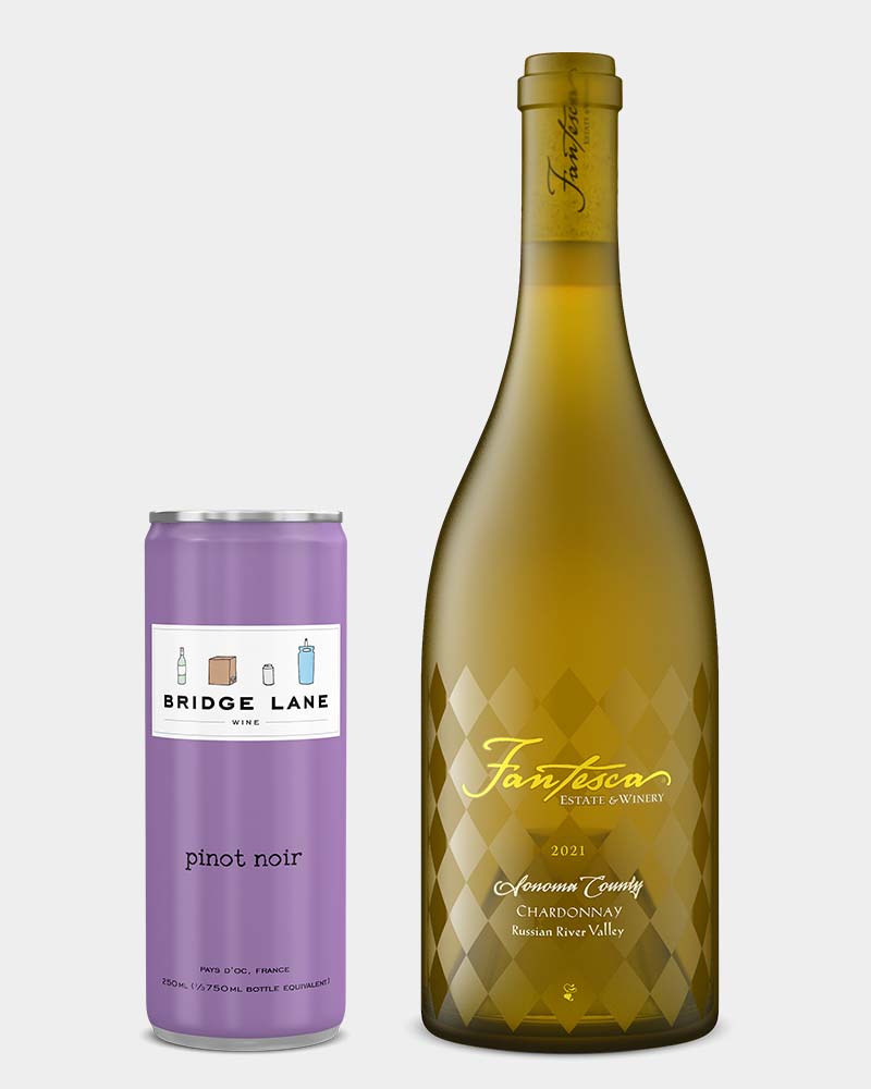 pinot noir in a can next to a silkscreened Chardonnay bottle with frosted/sanded finish