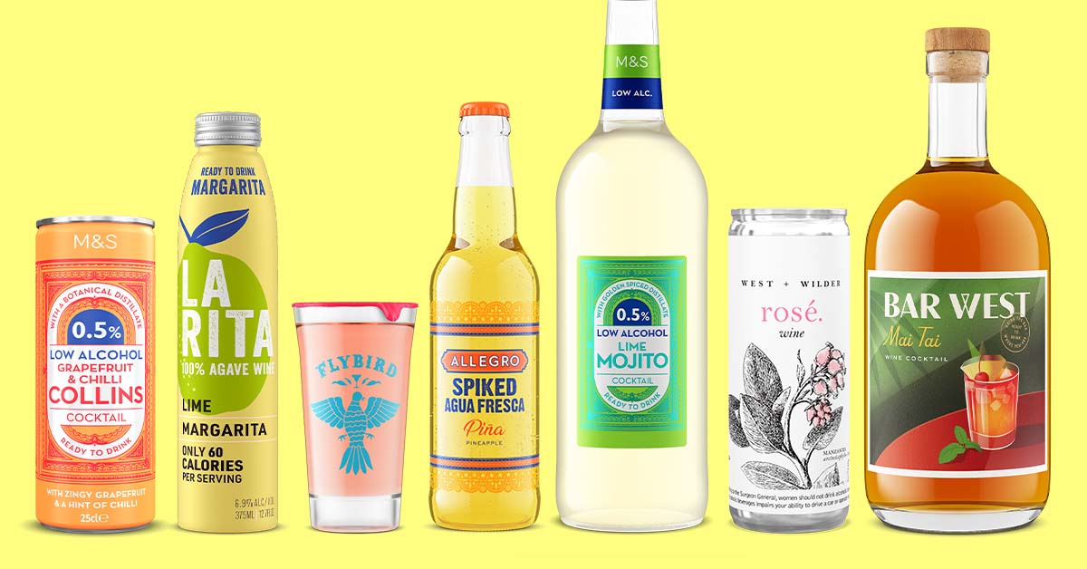 lineup of different RTD drinks on a yellow background