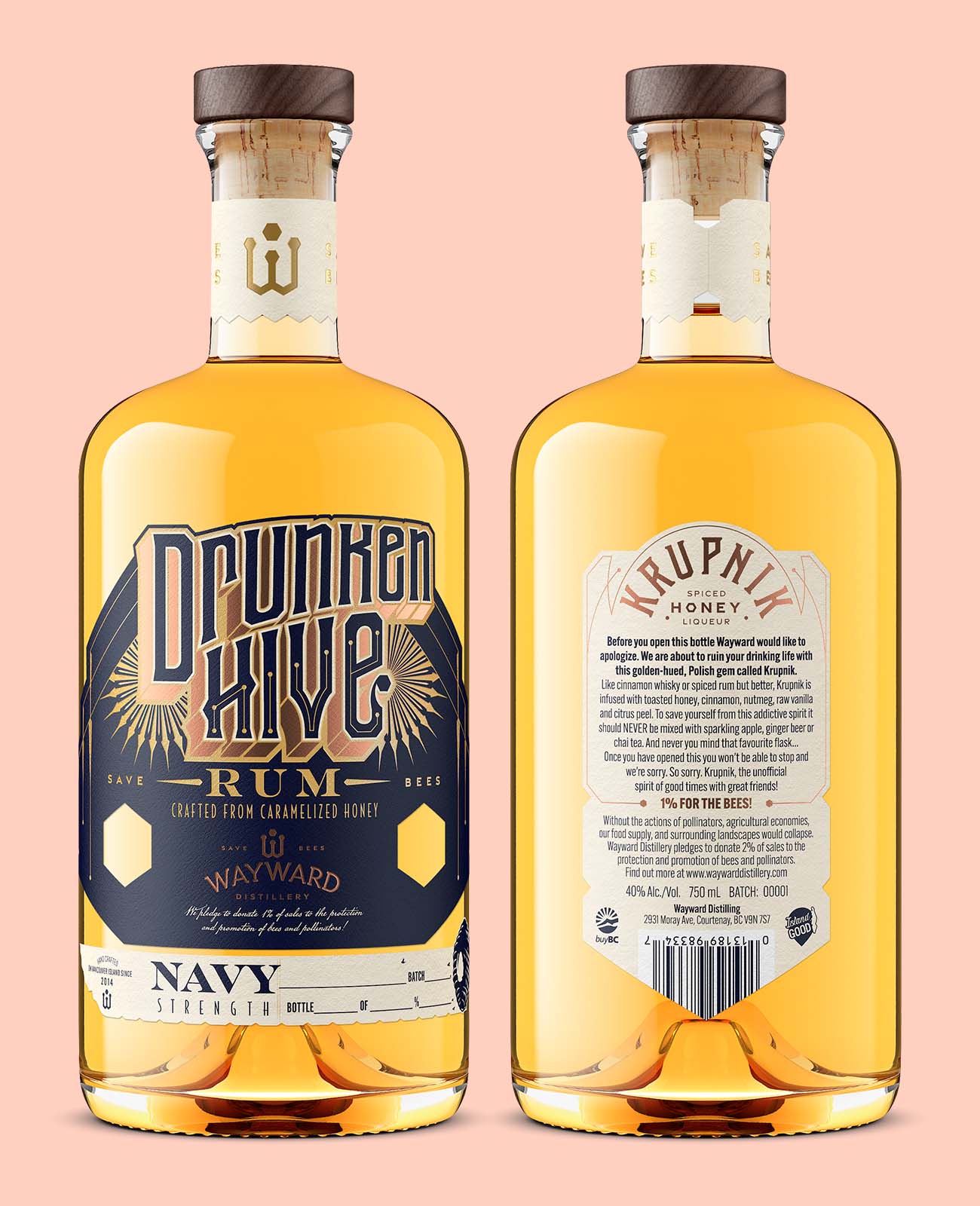unique craft gin made of honey, front and back bottle views