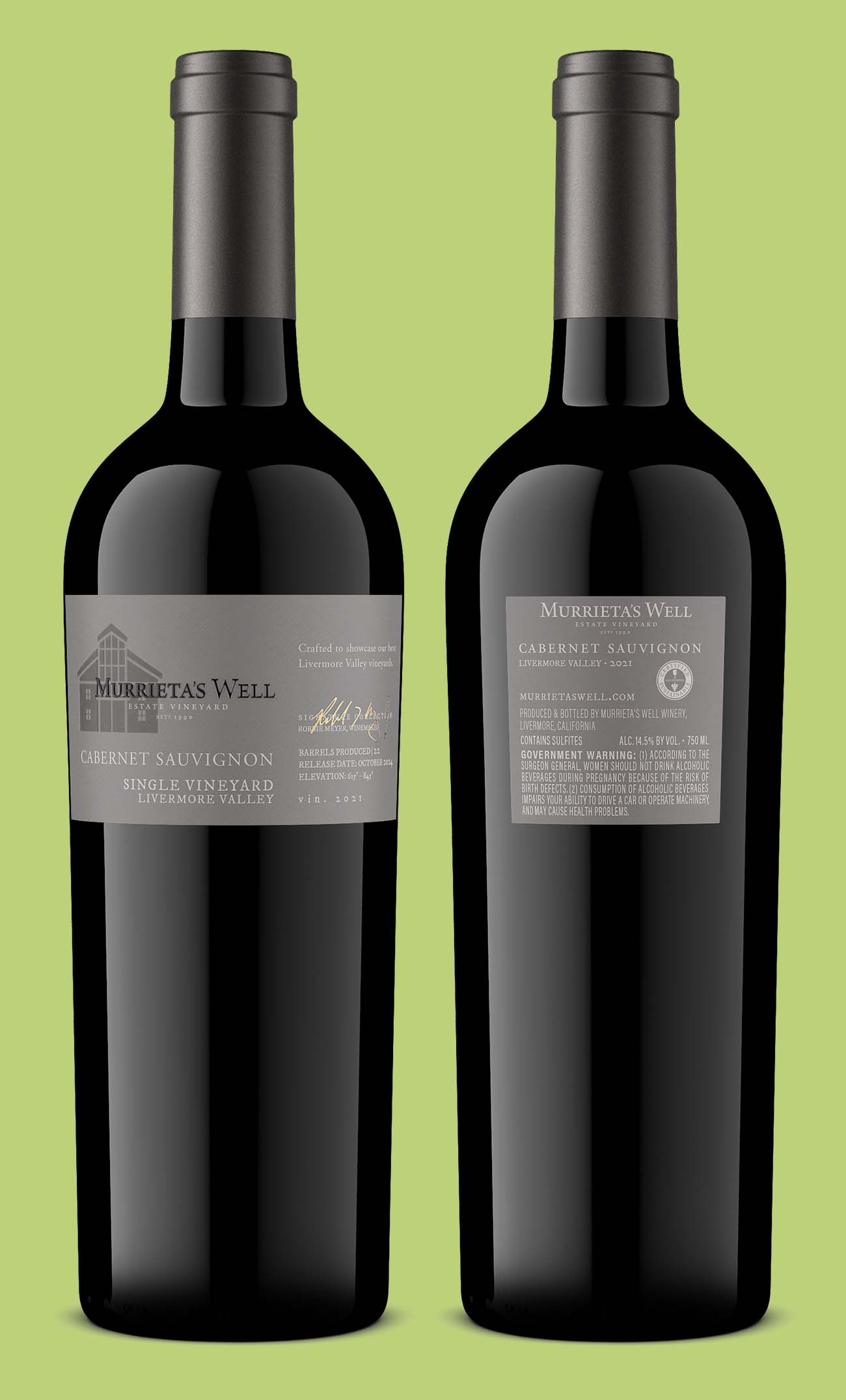 Murrieta's Well Cabernet Sauvignon 2021 front and back label wine bottle shots, Single Vineyard Livermore Valley