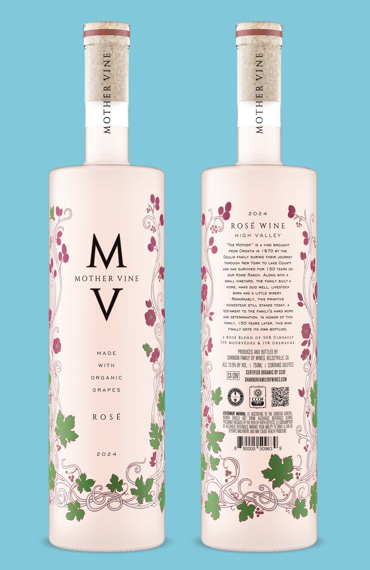 ACL silkscreened rosé bottle with a frosted finish displaying vine grapes illustrations