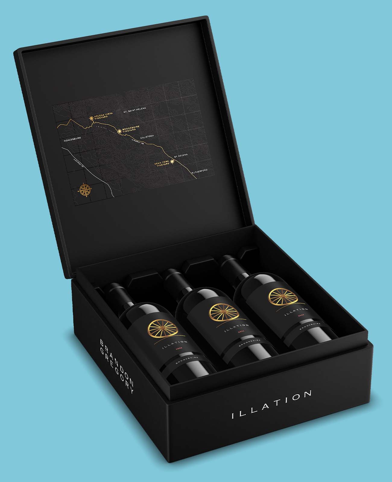 upon custom wine box holding 3 bottles with premium detailed design including a map of the area