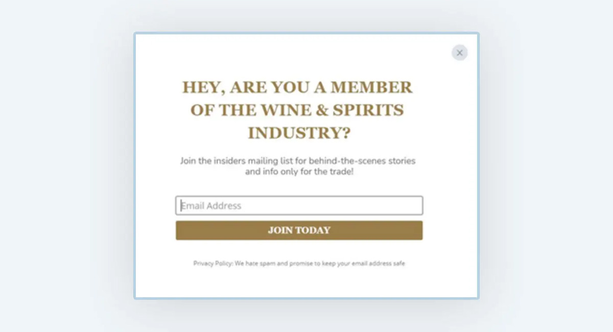 Example of an effective wine email signup popup with compelling headline and clean design for capturing wine customer leads