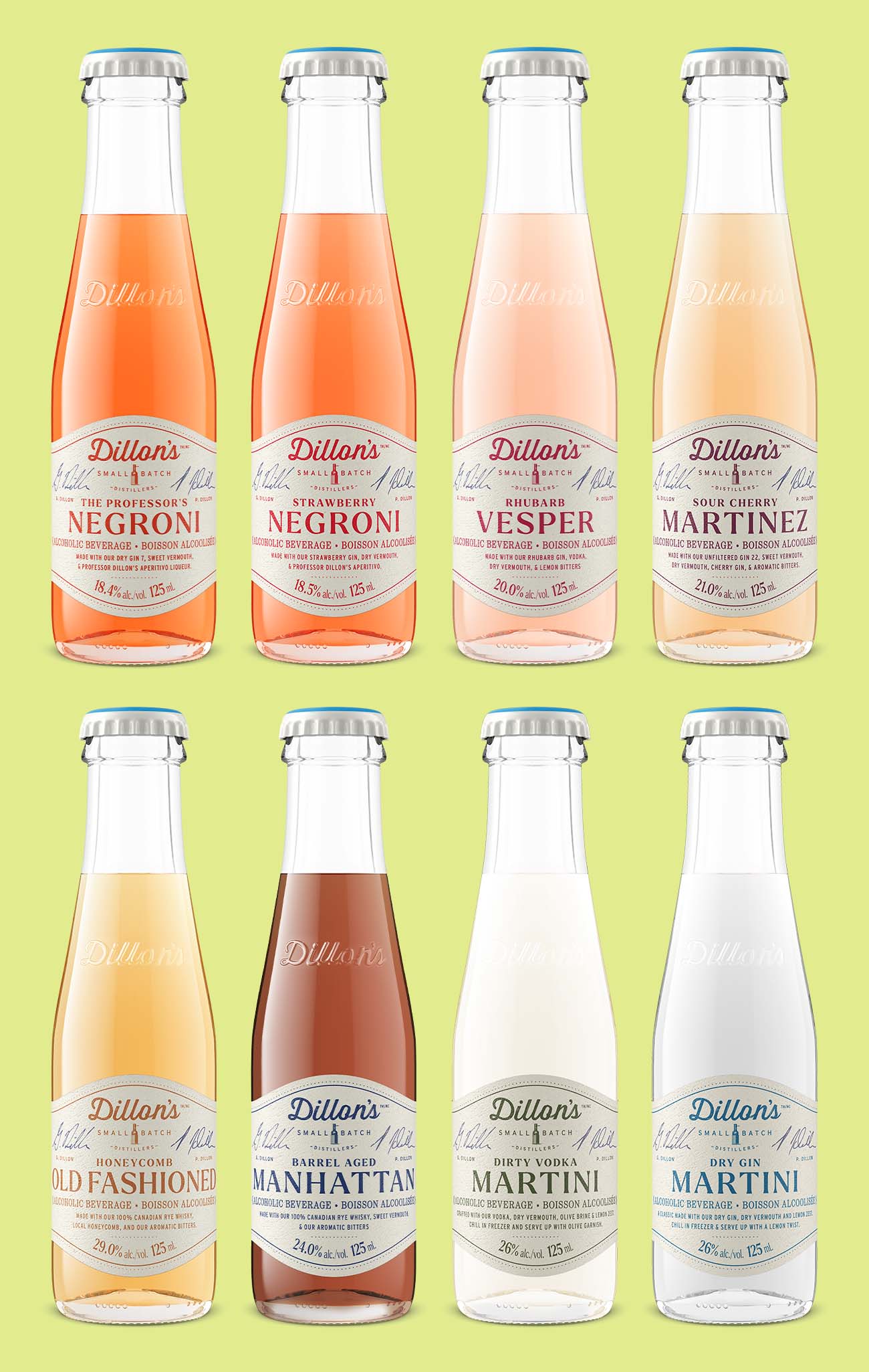 125ml small bottles of ready-to-drink RTD premium cocktails: Negroni, Vesper, Martinez, Old Fashioned, Manhattan, Martini