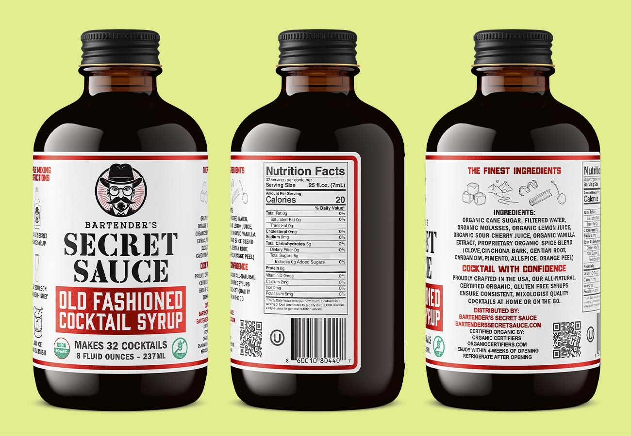 Bartender's Secret Sauce Old Fashioned Cocktail Syrup product shots showing front, nutrition, and back labels in a three-view layout