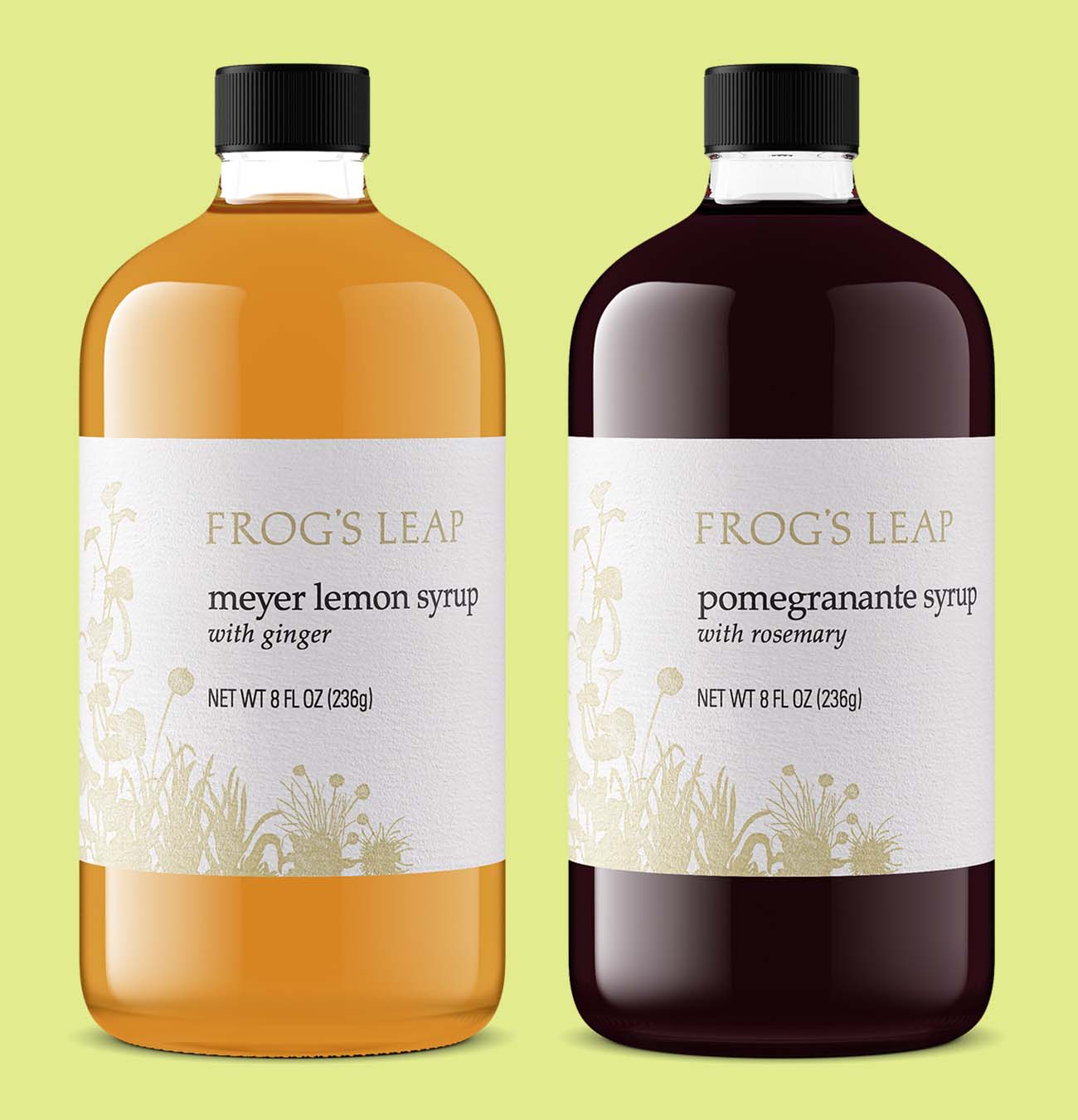 high-end meyer lemon syrup with ginger and pomegranate syrup with rosemary from Napa Valley