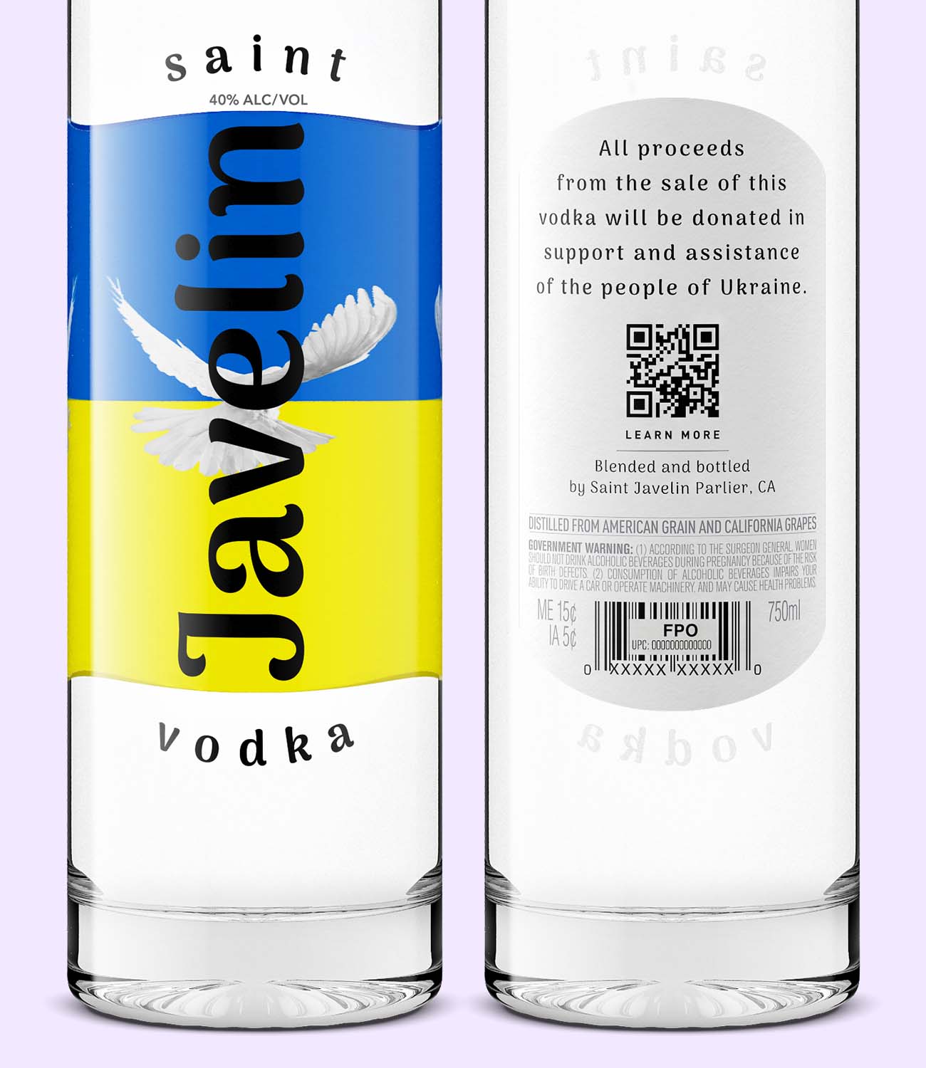 closeup of a custom vodka project to support the people of Ukraine displaying a QR code at the back to learn more
