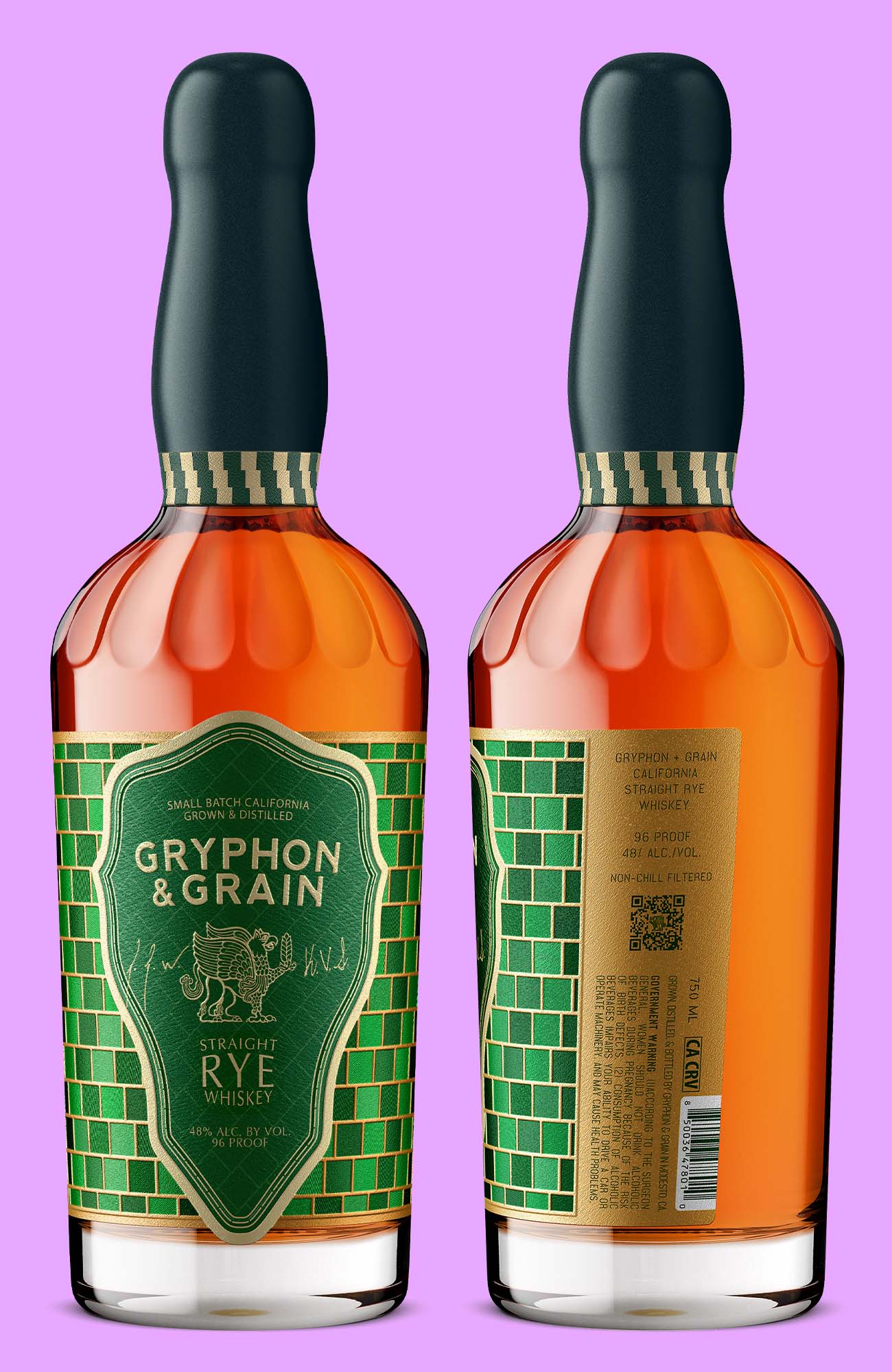 Two premium spirits (rye whiskey) bottles filled with amber liquid, featuring detailed green labels and foil accents, photographed for ecommerce and brand storytelling.