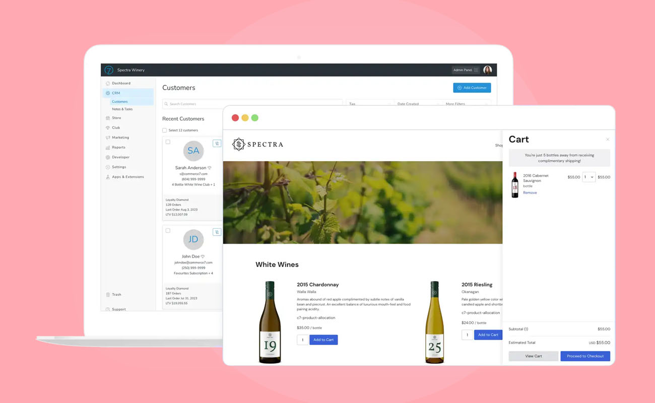 screen previews of the Commerce7 ecommerce platform