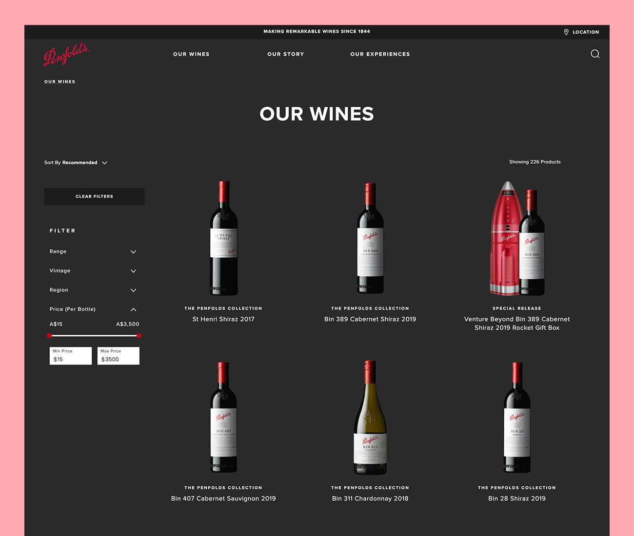 cohesive online shop page featuring consistent wine photos by Outshinery