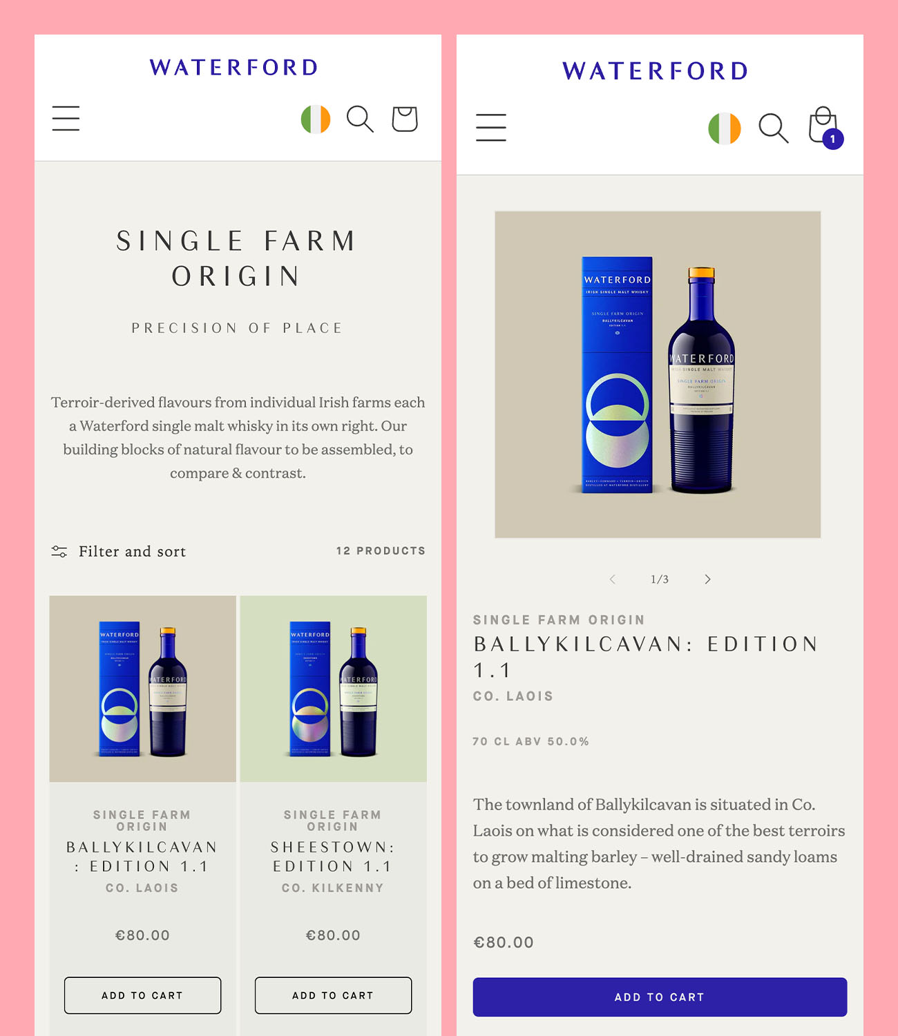 screenshots on mobile of effective whiskey shop pages using Outshinery 3D product renders