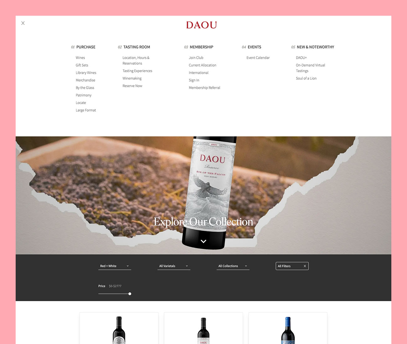 great menu on a winery website that makes it easy to navigate