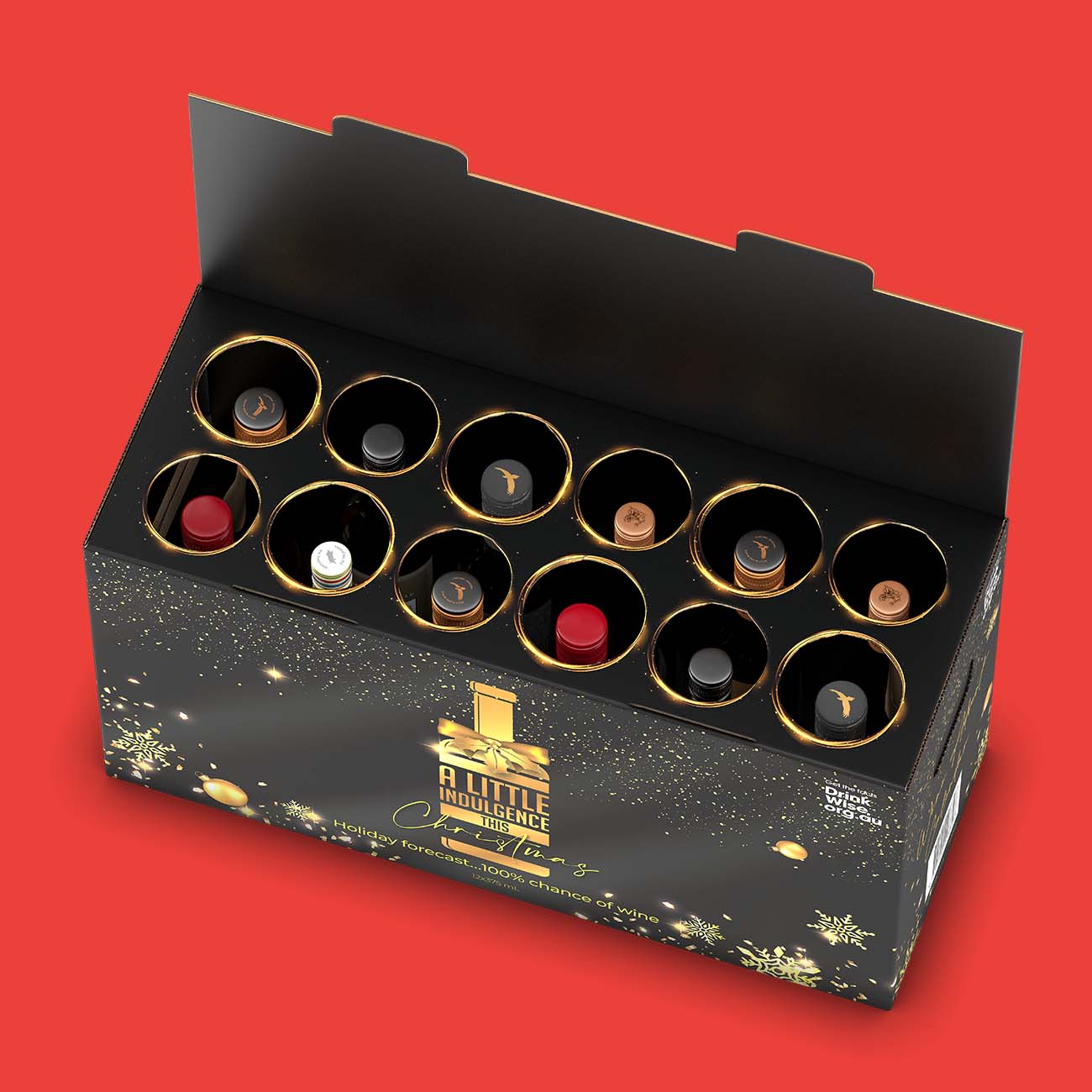 Open holiday wine gift box featuring twelve assorted bottles in gold-rimmed slots, black packaging with festive graphics on red background.