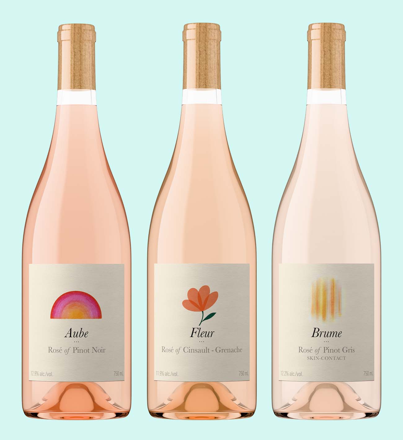3 different rosé bottle shots by Outshinery Lite with a simple naked cork closure