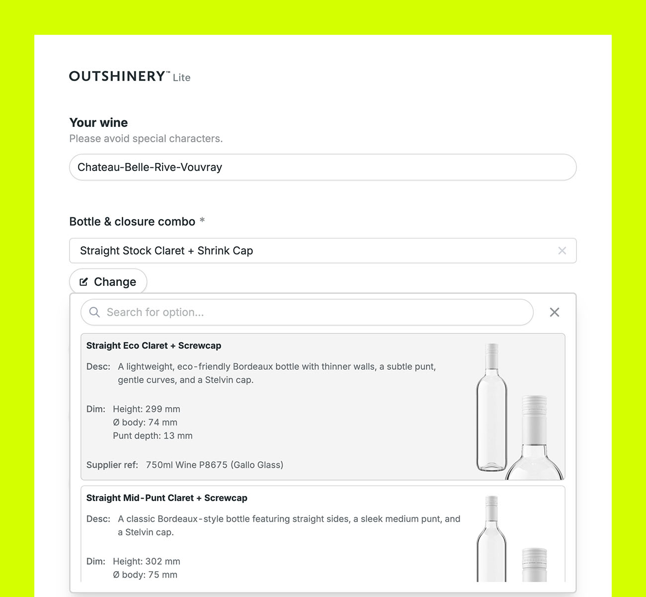 Step 1 of the Outshinery Lite process where the winery chooses its bottle shape and type of closure