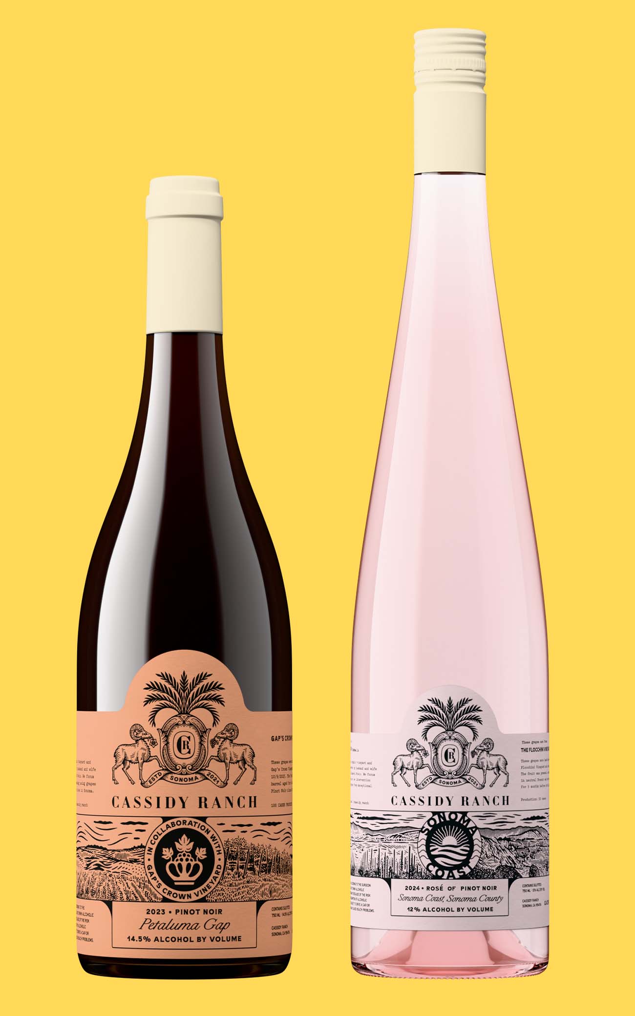 Photorealistic Outshinery Lite wine bottle renders: one red wine bottle with an ornate orange label and one light rosé bottle with a pale pink label, displayed on a solid yellow background.