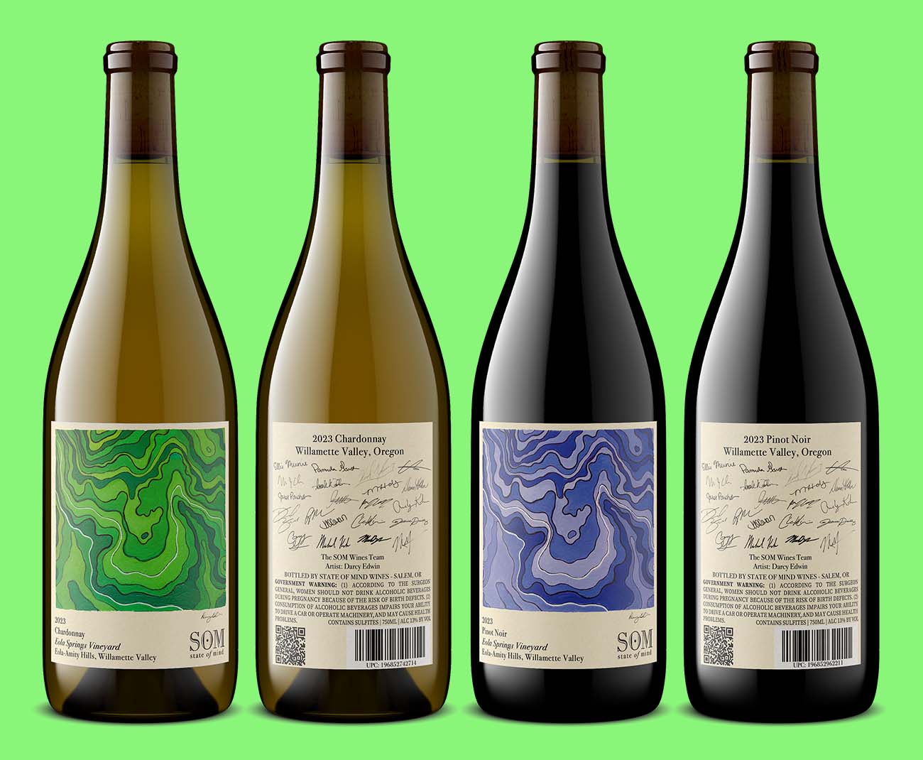 front and back of Chardonnay and Pinot Noir bottles from Willamette Valley (Oregon) created by Outshinery