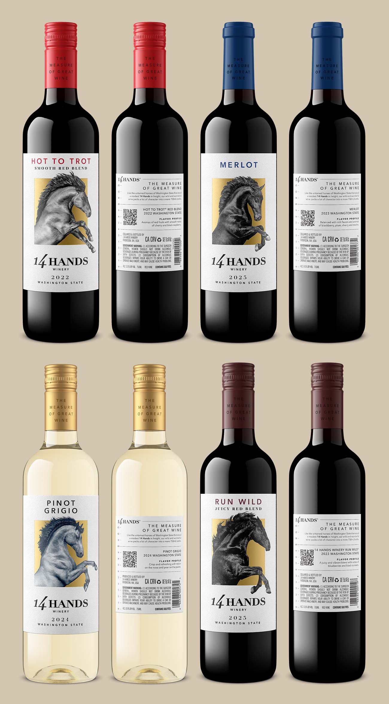 front and back bottle pack shots of red blends, merlot and Pinot Grigio in the form of photorealistic renders rather than regular photography