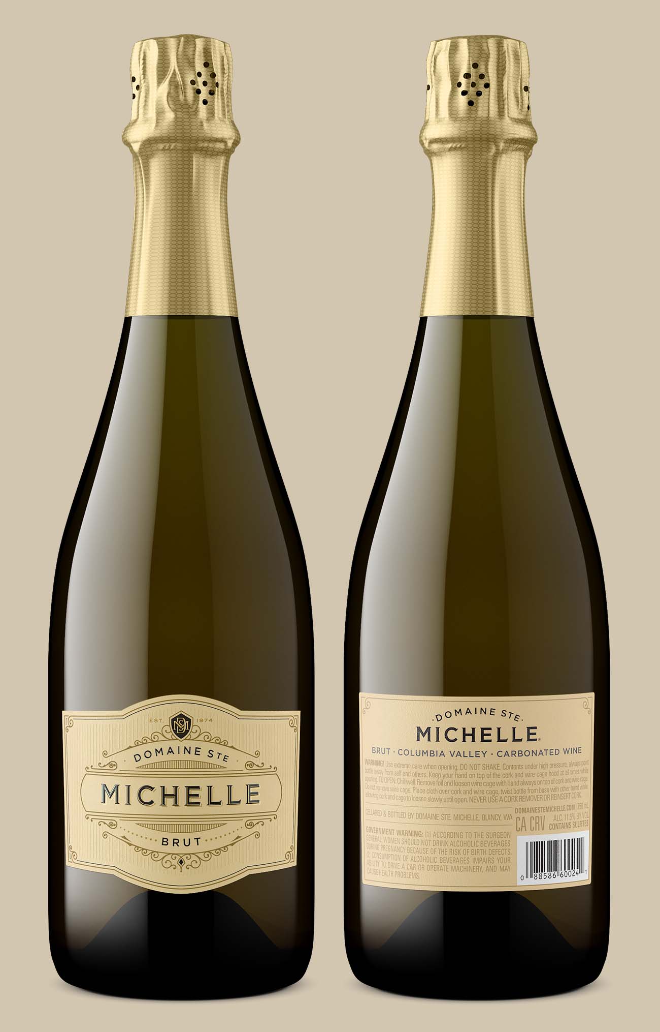 front and back view of a Brut Sparkling bottle from Columbia Valley with an elegant label