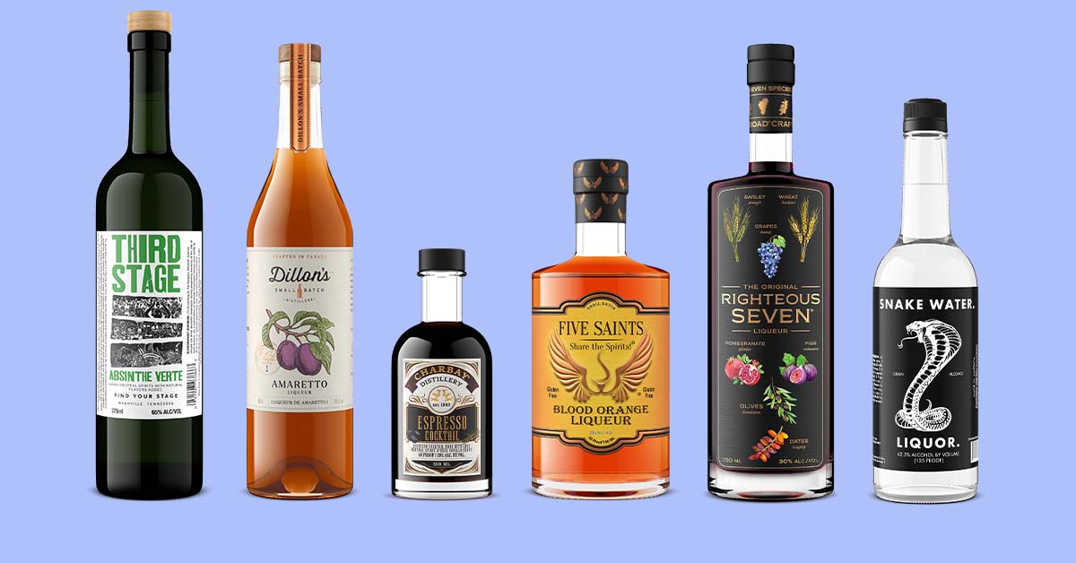 range of diverse liqueurs on a purple background, images by Outshinery