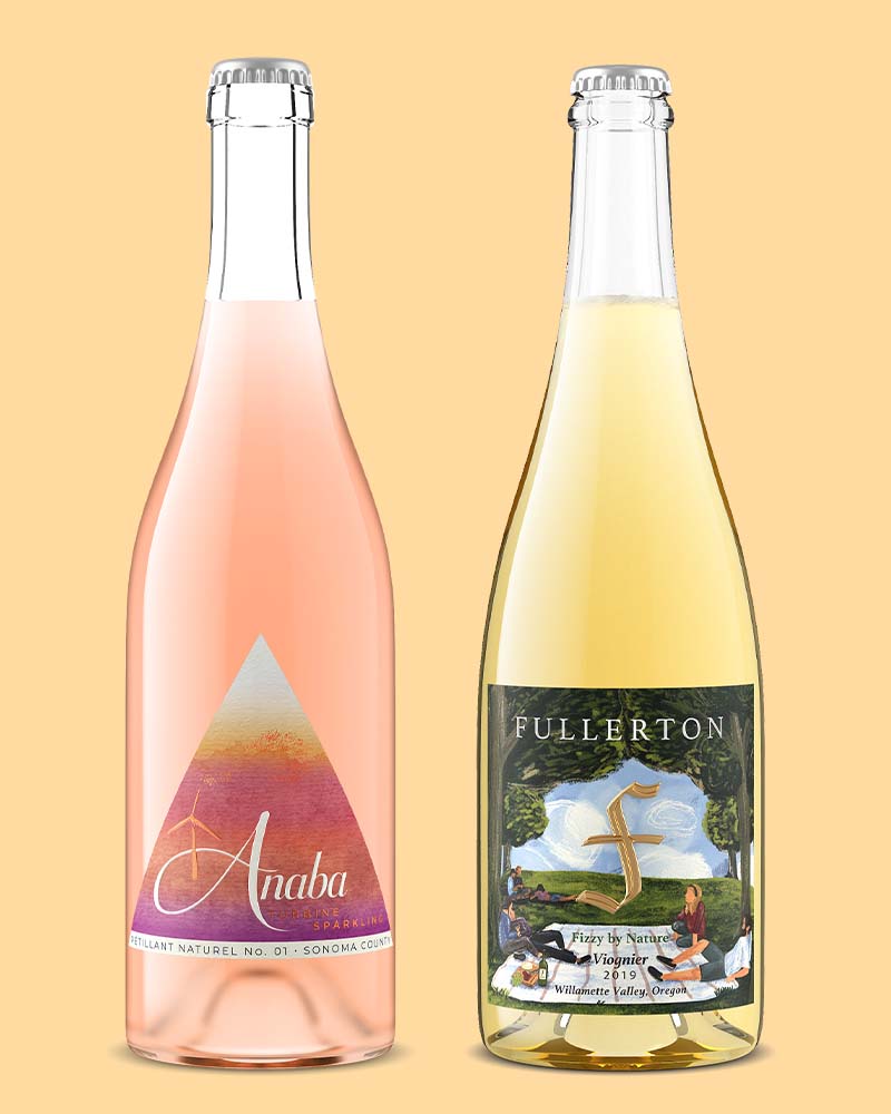 Rosé PetNat bottle with a modern label and a bottle of sparkling viognier