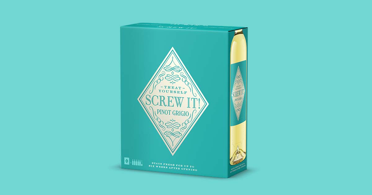 Pinot Grigio in a bag-in-box on blue background