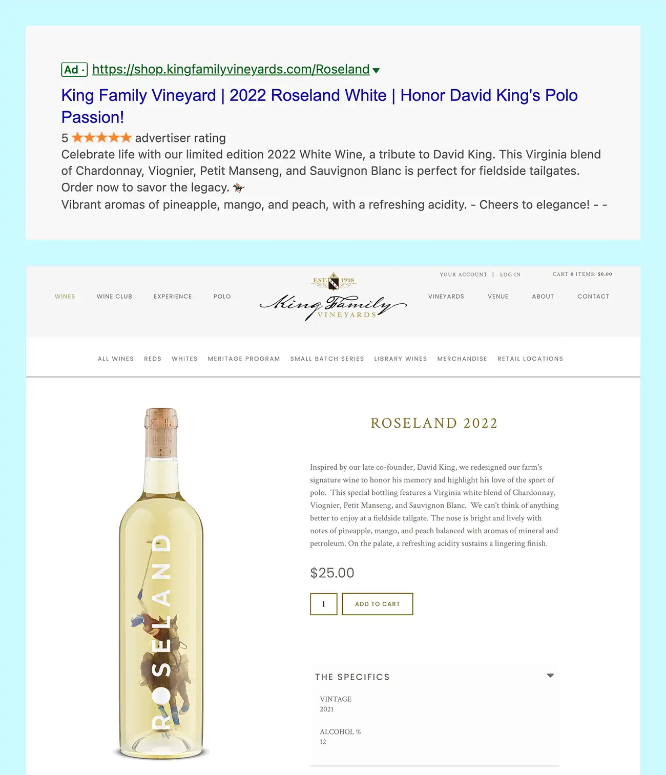 Google ad example for Virginia winery using compelling copy to attract customers