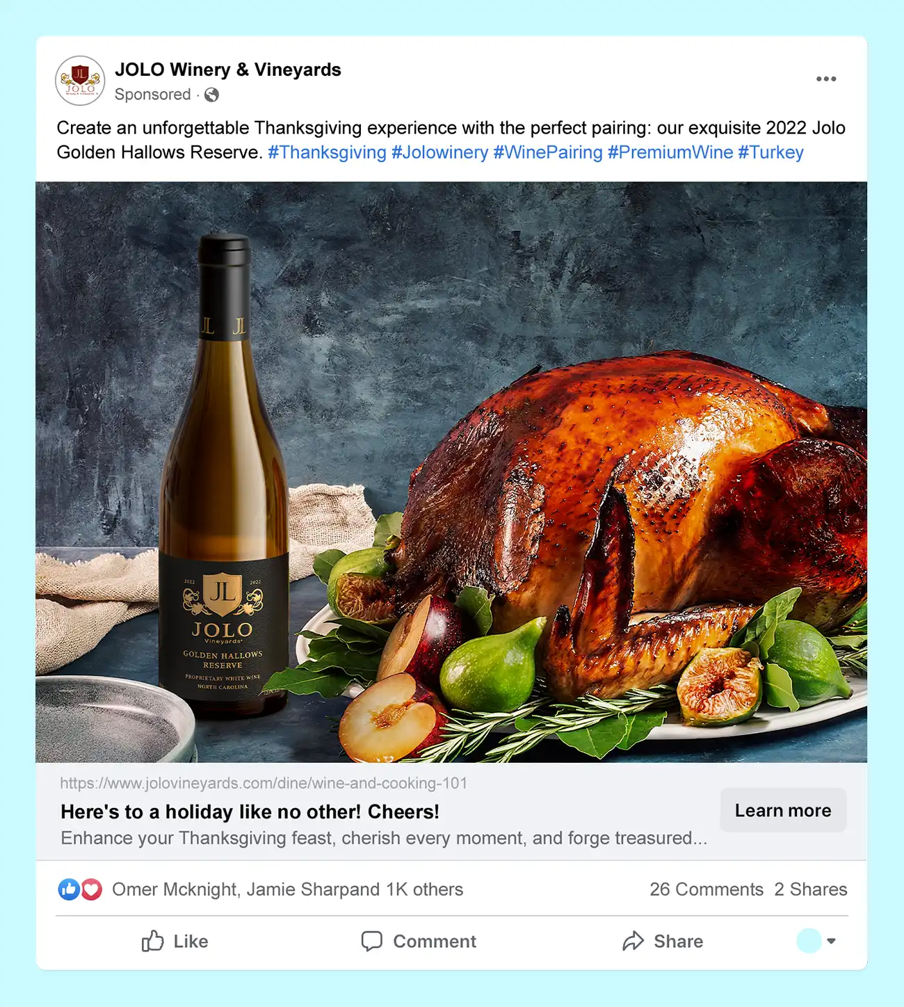 Winery Facebook ad example making good use of Outshinery imagery capabilities