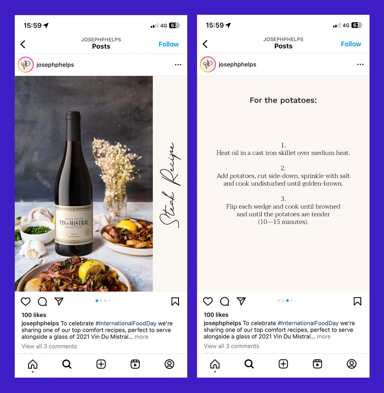 screenshots of Instagram featuring a custom paring recipe by Outshinery