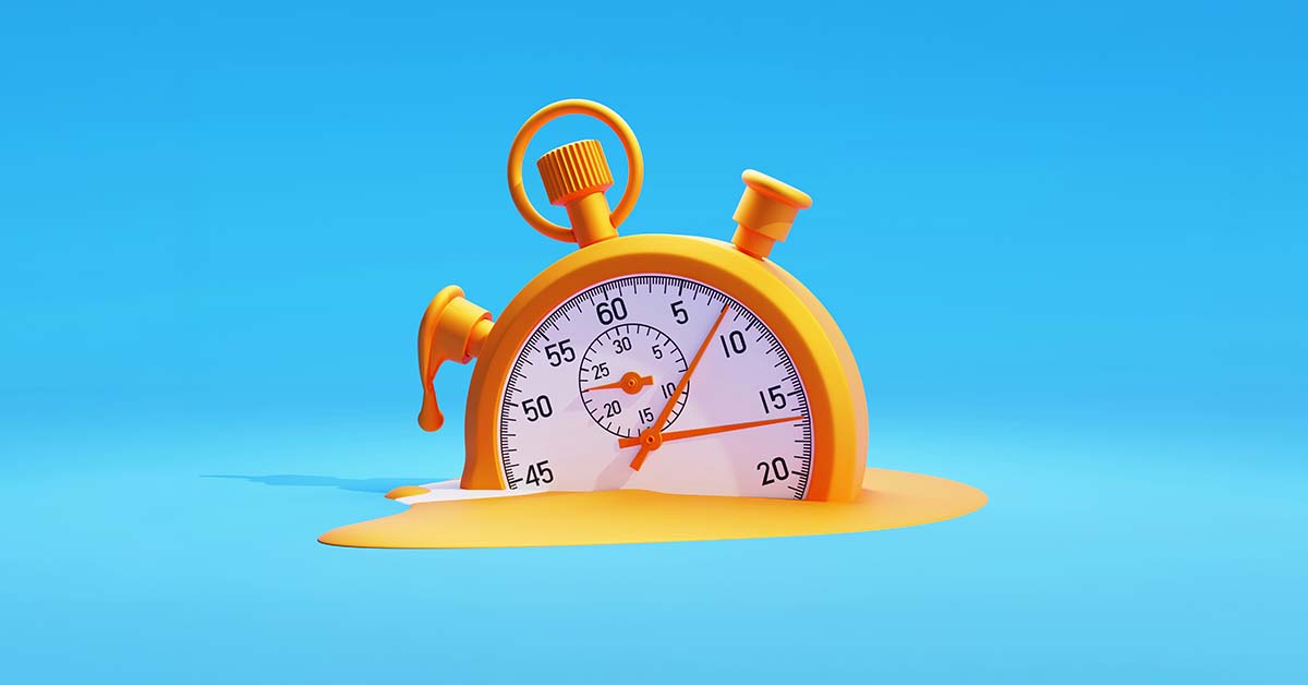 Melting orange stopwatch sinking into a puddle, representing time lost in beverage visual production workflows