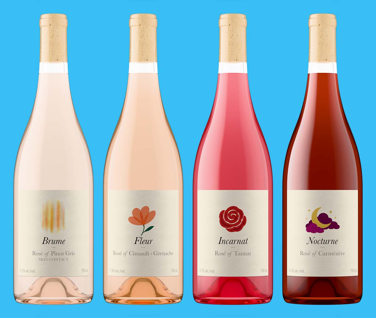 Four rosé wine bottle shots showing Brume, Fleur, Incarnat, and Nocturne with distinct liquid colors from pale blush to deep pink