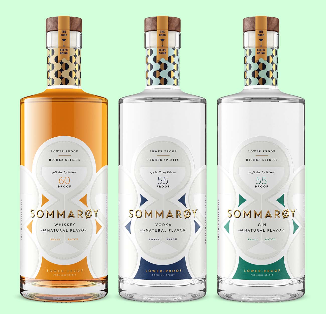 3 bottle of lower proof spirits: whiskey, vodka and gin